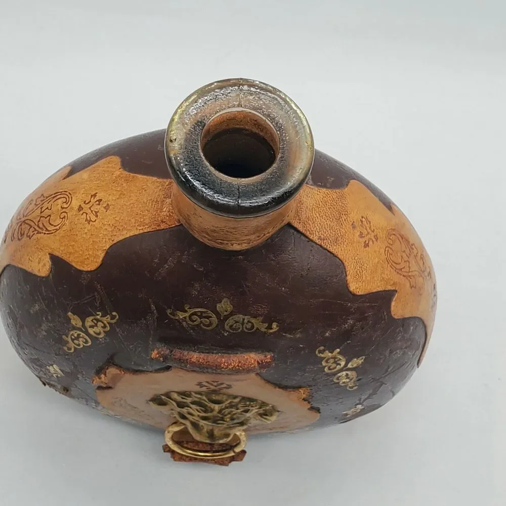 Vintage Italian Leather‎ Wrapped Decanter Bottle With Lions Head Knocker No Top